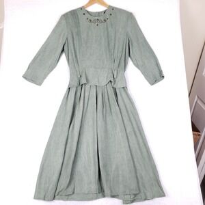 Vintage Ultra Dress Sage Green Maxi Dress Size 10 Beaded Neckline Fit Flare